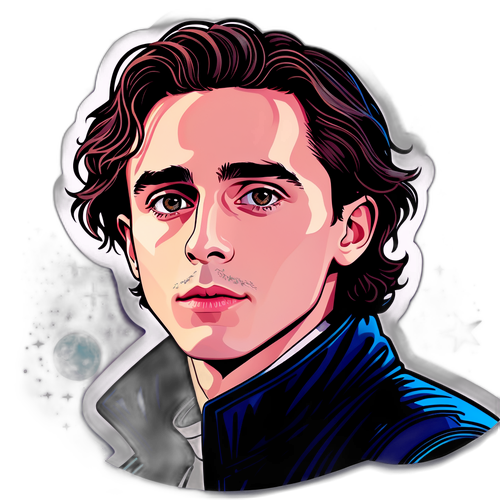 Futuristický a snový zobrazení Timothée Chalameta v kinematografickém stylu s hvězdným pozadím