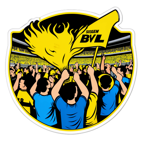 Ilustrace zápasu Siegen vs. BVB s fanoušky na tribuně a emocionální atmosférou