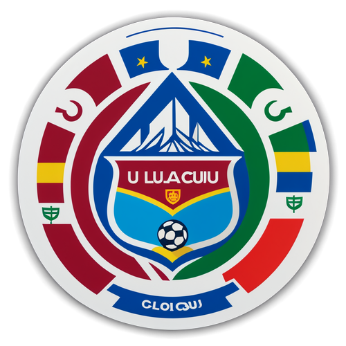 Emblema U Cluj pe fundal dinamic de fotbal