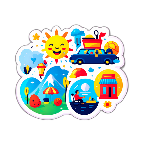 楽しい生活シーンを描いたフレンドリーデザインのステッカー