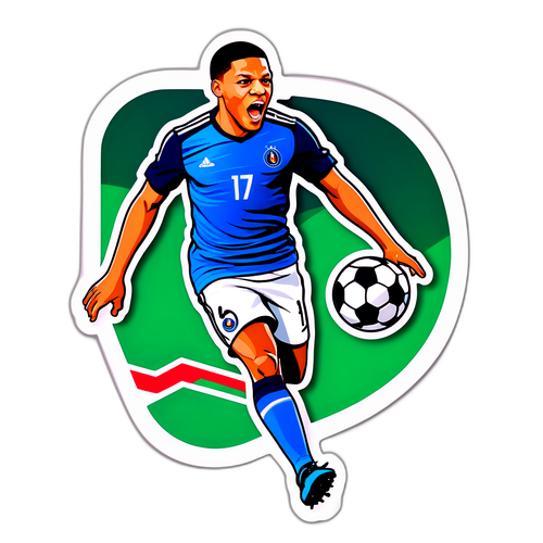 Een voetbalveld met Ethan Mbappé die een doelpunt scoort