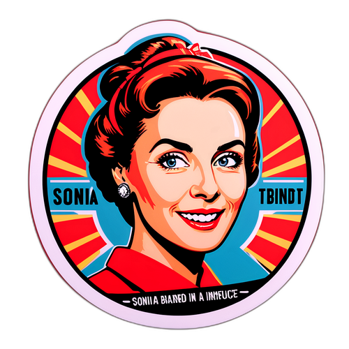 Sticker van Sonja Barend met retro-stijl en citaat over haar invloed op de media