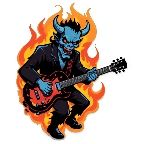 Ilustracja demona grającego na gitarze w płomieniach