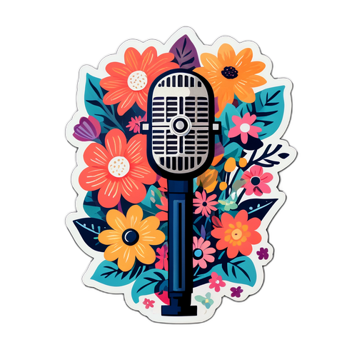 Adesivo vintage del microfono incorniciato da fiori e note