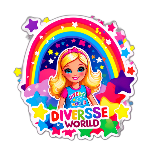 Een sticker van een blije Barbie met autisme, omringd door kleurrijke sterren en regenbogen