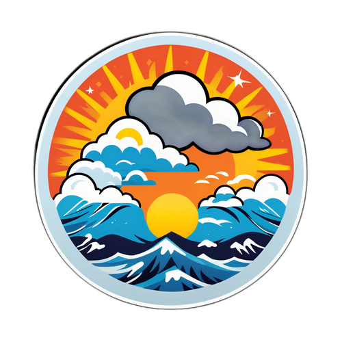 Nhãn dán dự báo thời tiết với hình ảnh bão tố và ánh nắng