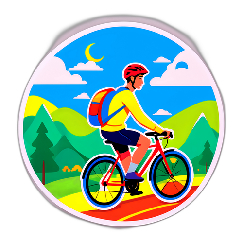Färgglad klistermärke av en cyklist genom naturskön rutt