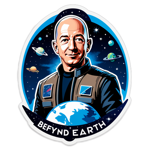 Pemotongan Seni Berkaitan Jeff Bezos di Latar Belakang Bertema Angkasa dengan Frasa 'Beyond Earth'