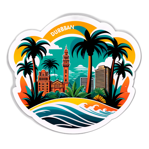 Stylowy naklejka z popularnymi zabytkami Durban, połączona z tropikalnymi elementami