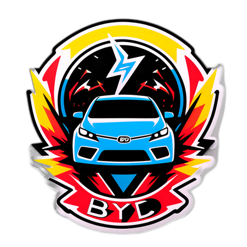 Sticker dinamic BYD cu mașină electrică și fulgere stilizate