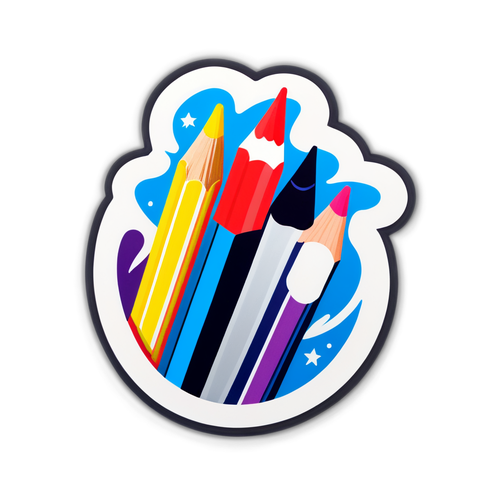 Creatieve sticker van een kunstenaar die een Eurovision-icoon ontwerpt met kleurpotloden