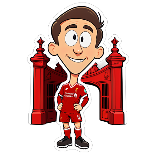 Karakter Kartun Comel Dalam Pakaian Liverpool FC, Bersama Bola Sepak di Hadapan Pintu Shankly!