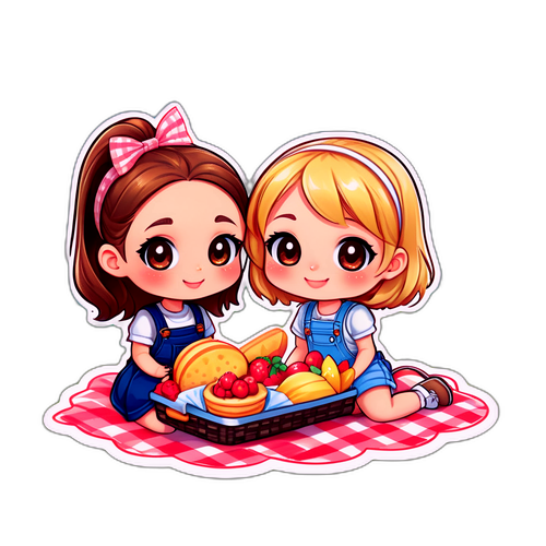 Schattige chibi-sticker van Ambre en Clémence op een picknick
