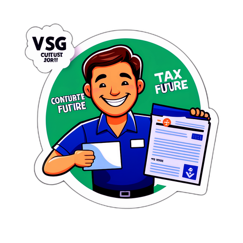 Sticker cu contribuabil zâmbitor care ține un dosar fiscal