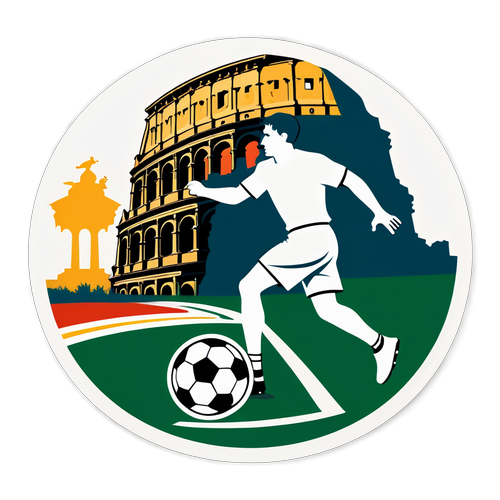 Sticker yenye Silhouette ya Mchezaji wa Roma akicheza Kandanda na Colosseum Nyuma