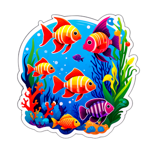 Luonto-teemainen tarra meren elementeillä ja värikkäillä kaloilla