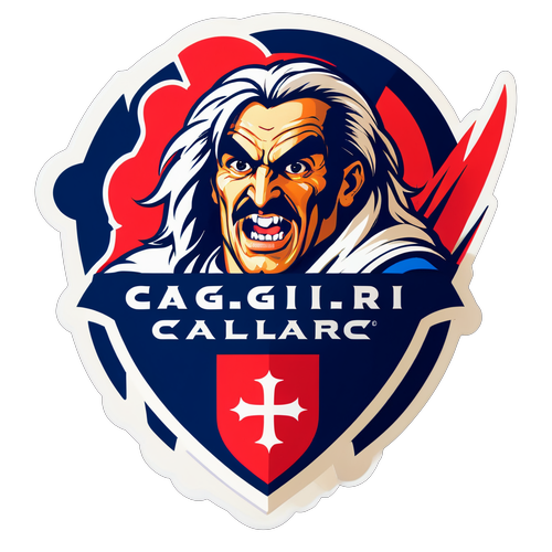 Stiker Trendy untuk Cagliari dengan Emblem Berwarna Bold dan Tagline 'Cagliari Rising!'