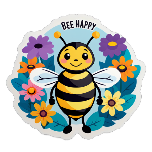 Bee Happy Bumblebee with Flowers Sticker