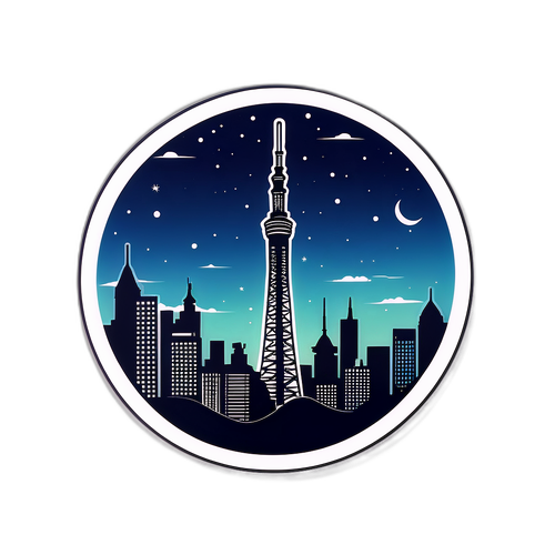 美しい夜景背景のスカイツリーのステッカー