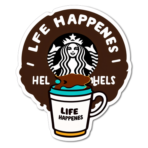 Gøy kaffeflekk klistremerke med teksten "Livet skjer, kaffe hjelper"