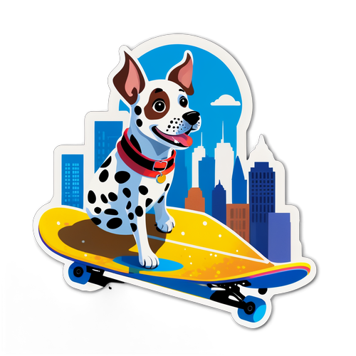 玩滑板的斑点狗与城市天际线