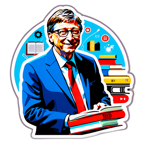 Наклейка з зображенням Білла Гейтса на фоні комп'ютерних технологій та книг