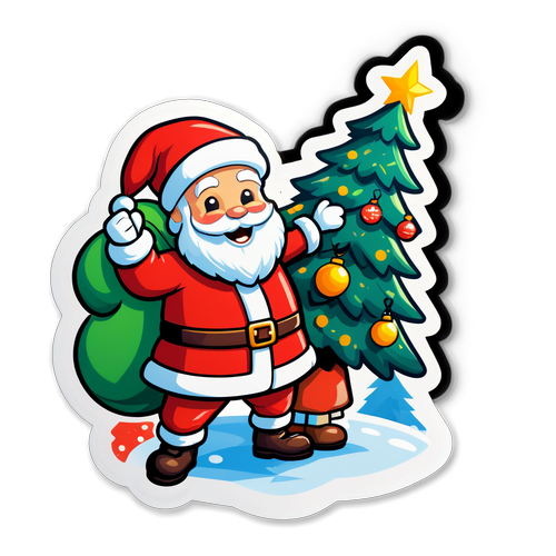 Sticker Giáng Sinh Vui Vẻ với Ông Già Noel và Cây Thông