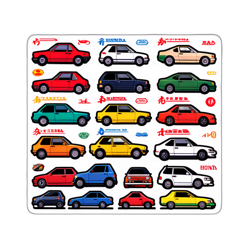 ホンダの歴史的な車を描いたカルタ風ステッカー