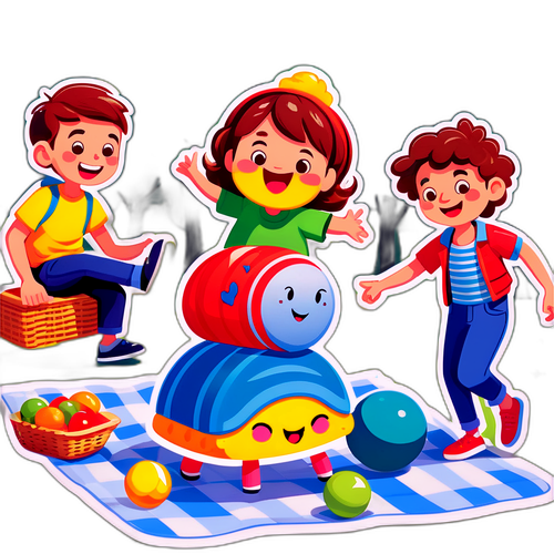 Ігровий персонаж, що катить м'яч на пікніку з друзями в парку