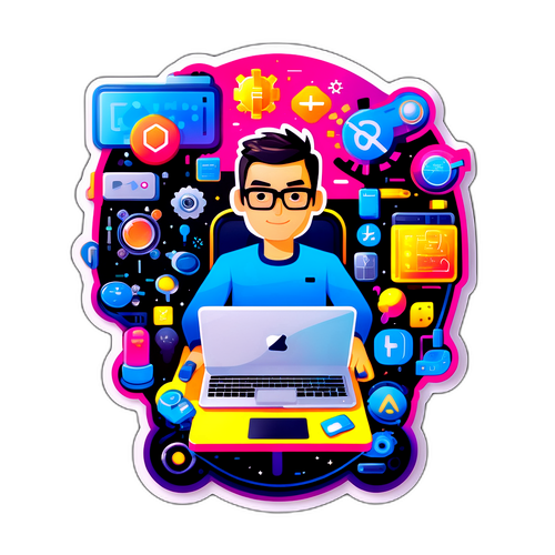 Vibrante sticker van Roland Lescure omringd door technologie