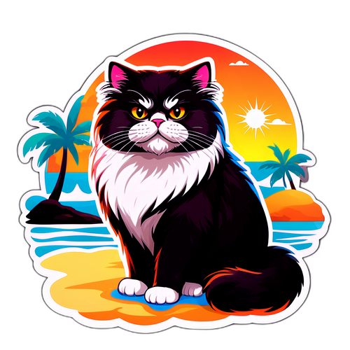 波斯猫与海滩元素的贴纸