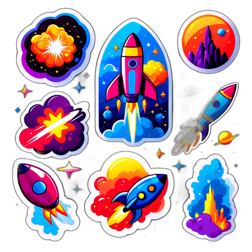 Наклейки з художніми ілюстраціями на тему вибухів ракет у стилі наукової фантастики з кольоровими ефектами