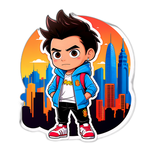 Sticker na may Cartoon na Bersion ni Ruru Madrid sa Harap ng Madrid Skyline