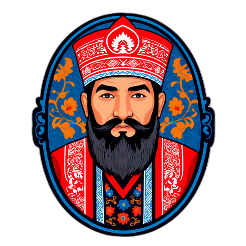 Стикер с Муином Гафуровым на фоне традиционных узоров его страны