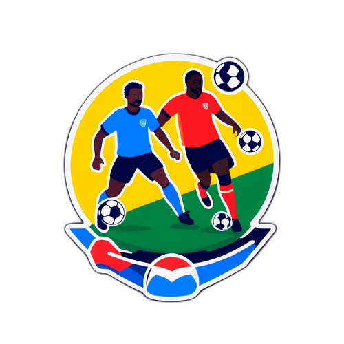 Nálepka zobrazení fotbalového zápasu s malými postavami hrajícími hru