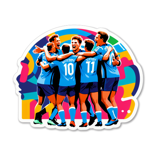 Sticker cu o echipă celebrând după un gol, cu un font colorat vibrant scriind 'Împreună pentru victorie!'