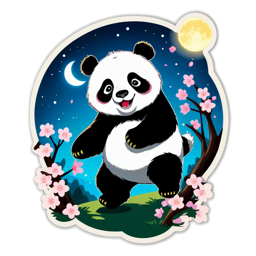 可爱笨拙的巨型熊猫在月光下奔跑