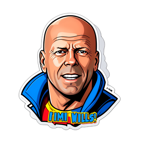 Vicces matrica Bruce Willis-szal szuperhős jelmezben