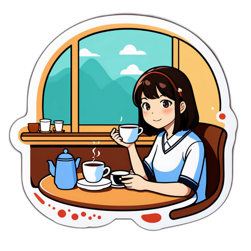 カフェでお茶を楽しむ井口サオリ