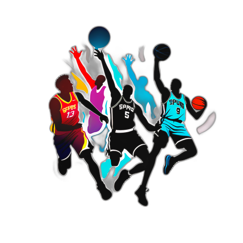 Desenho de uma quadra de basquete com silhuetas de jogadores do Spurs e Heat em ação