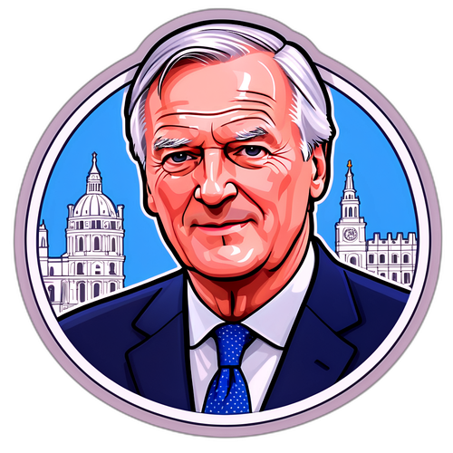 Ein Aufkleber, der Michel Barnier mit historischen europäischen Wahrzeichen und dem Brexit-Prozess verbindet
