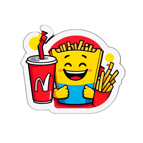 マックのドリンクとフライドポテトを楽しむキャラクターのステッカー