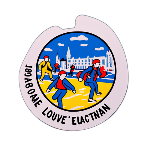 Sticker die de chaos van de evacuatie van Esplanade Louvain la Neuve vastlegt, met mensen in beweging