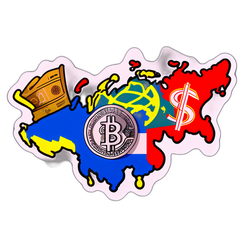 Дизайн наклейки с графическим изображением знаков доллара и рубля на фоне карты России