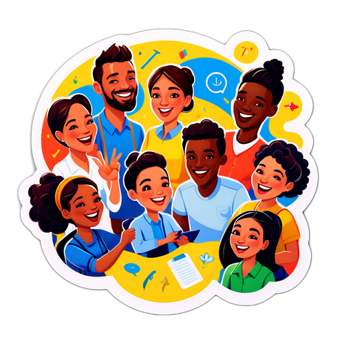 מדבקת שמחה עם קבוצה מגוונת של אנשים פועלים יחד בסימולציה