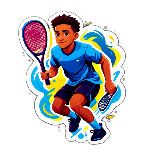 Retrato criativo de Thiago Wild jogando com uma raquete estilizada