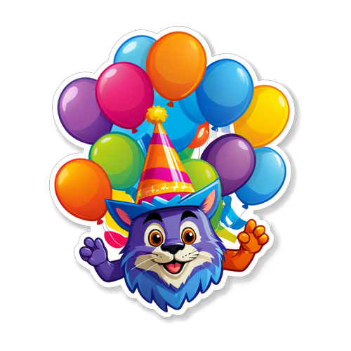 Autocollant de la mascotte de Party City avec des ballons colorés et des chapeaux de fête