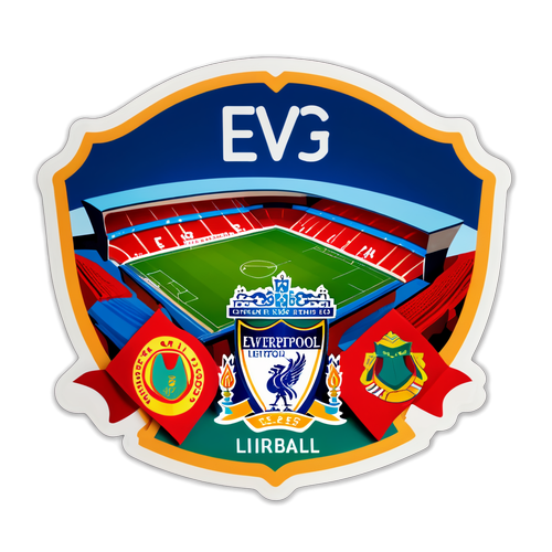 Sticker với logo Everton và Liverpool cùng hình ảnh sân vận động trong bầu không khí trận đấu