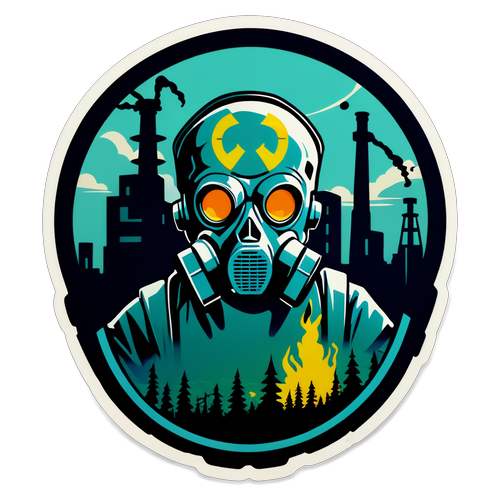 Sticker, der Tschernobyl in einem dystopischen Stil darstellt