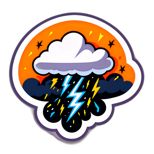 Sticker van een wolk met donkere kleuren en bliksemschichten, symboliserend oranje hagel